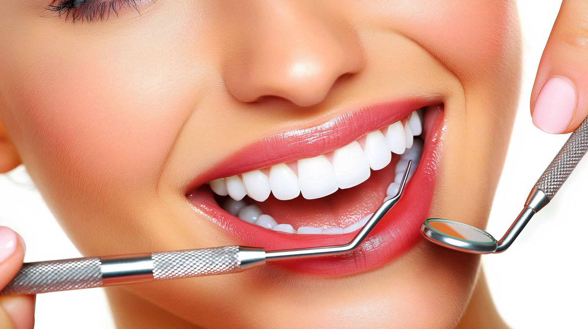 Bright smile with a dental mirror and probe beside it